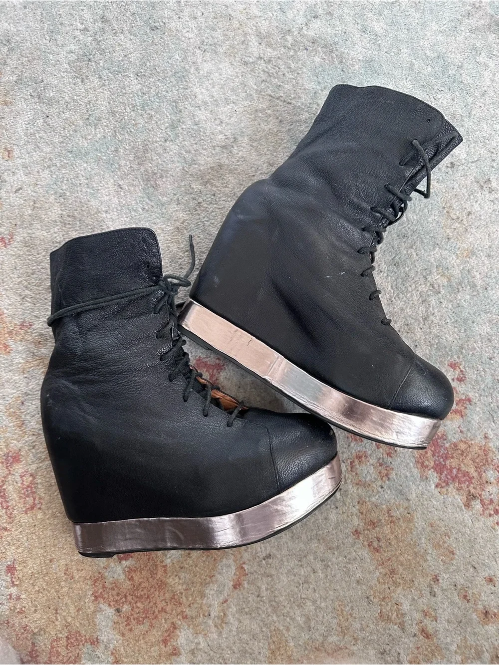 Rare Jeffrey Campbell Back Off Black Lace-Up Platform Wedge Boots Metallic Trim